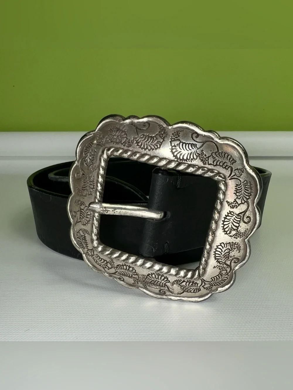 Silpada Italian Leather Black Belt Engraved Silver Western Buckle XL